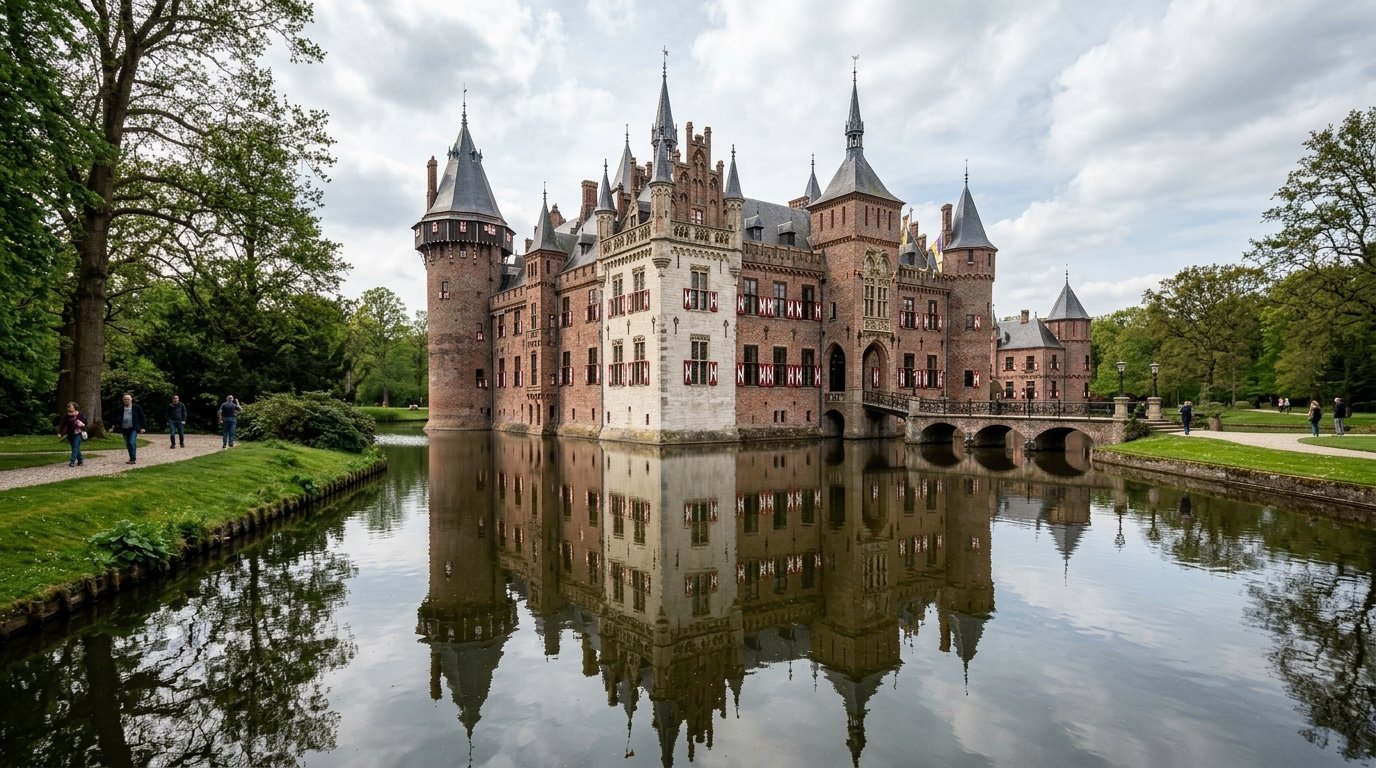 Фасад Kasteel de Haar с рвом